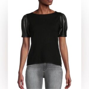 Black Puff Sleeve Leather Women's Top